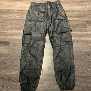 Black Faux Leather Cargo Pants with Smocked Waist & Ankles – Size Medium NWOT